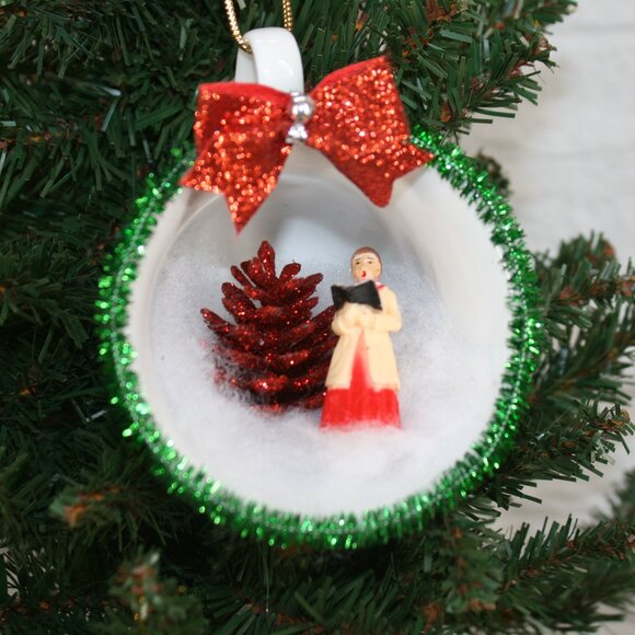 HAND CRAFTED Christmas Ornament Upcyled Teacup Coraler Winter Scene Red - Picture 1 of 9